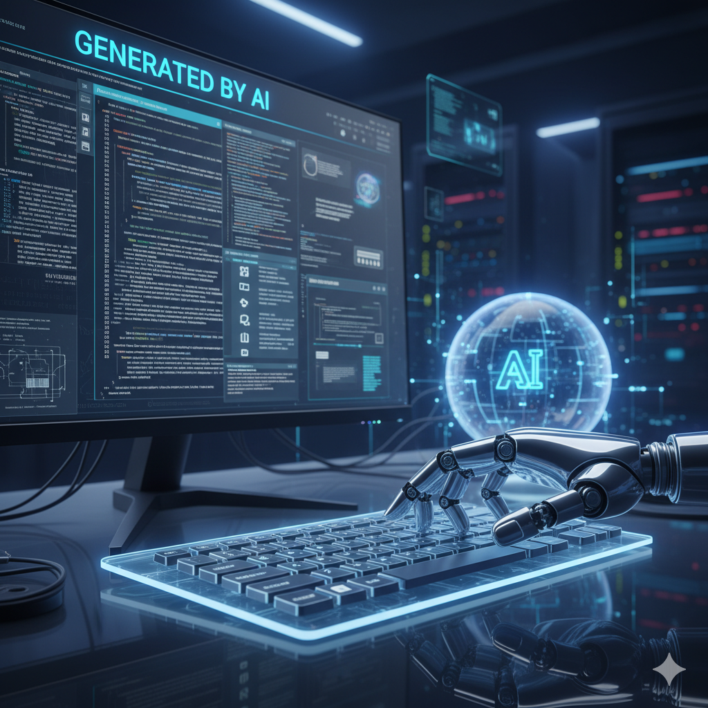 An image representing AI content creation, with a robot hand typing on a keyboard.