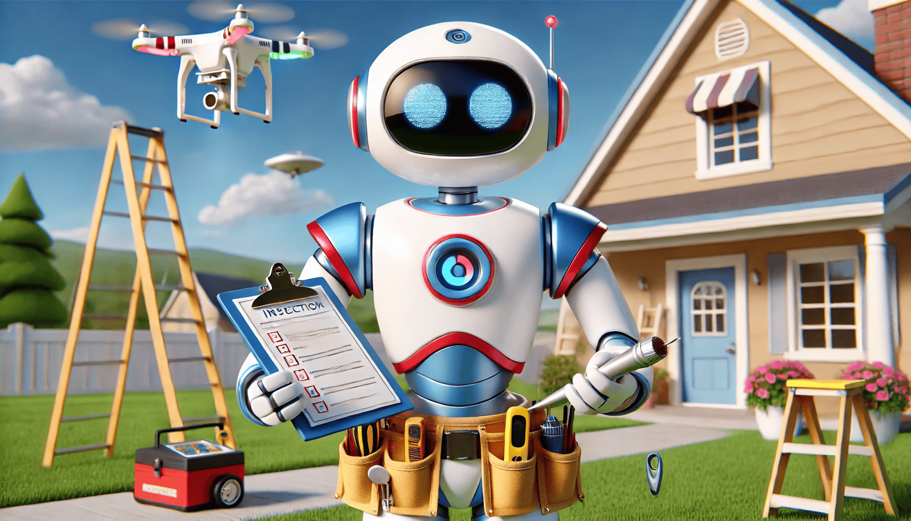 Inspect AI Pro Robot Mascot holding a magnifying glass over a house